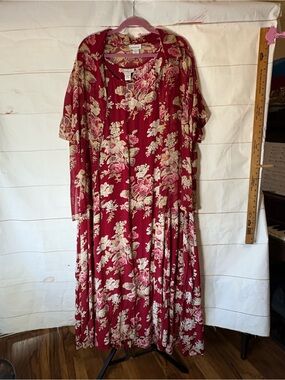 Avenue Burgundy Floral Maxi Dress with Short Sleeves button down blouse